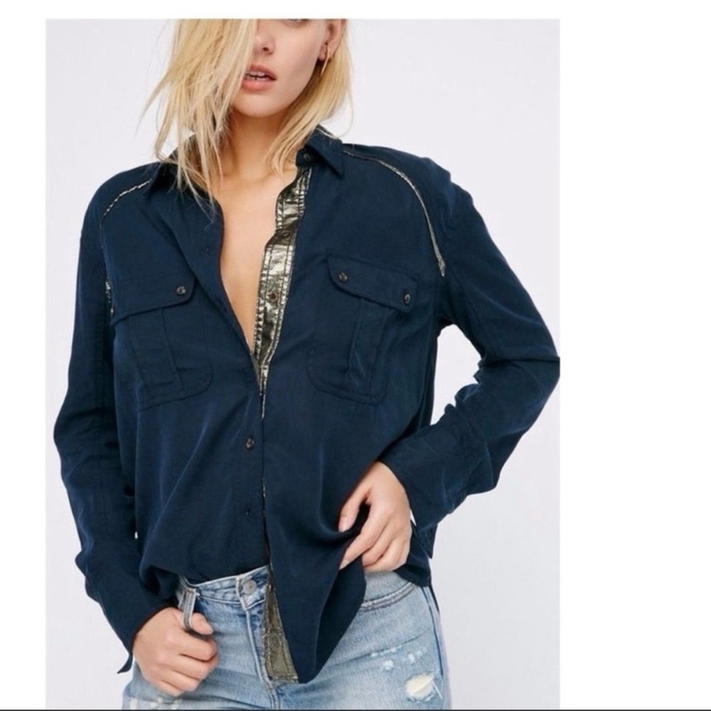 Free People Navy Blue Button-Down Shirt with Metallic Trim